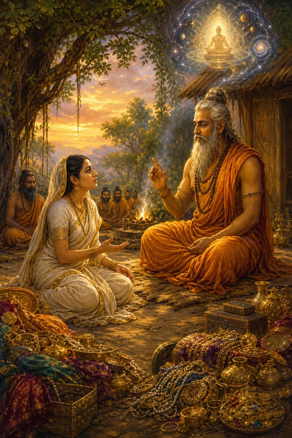 Maitreyi, seated before the renouncing sage Yajnavalkya amid divided heaps of wealth, refusing the riches and earnestly asking for the knowledge of immortality, a quiet hermitage-courtyard scene in warm classical-Indian palette.