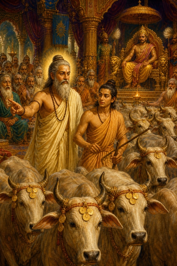 King Janaka's grand assembly with a thousand fat cows whose horns are tied with ten gold coins each, the sage Yajnavalkya calmly directing his pupil to drive the herd home as stunned scholars look on, opulent durbar painting.