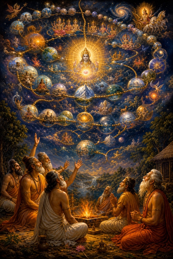 A vast cosmic thread (sutratman) strung with all worlds, beings, gods and stars like luminous beads on a single string, an unseen inner ruler at its center; sages gaze upward in wonder, mandala-like classical Indian cosmology art.