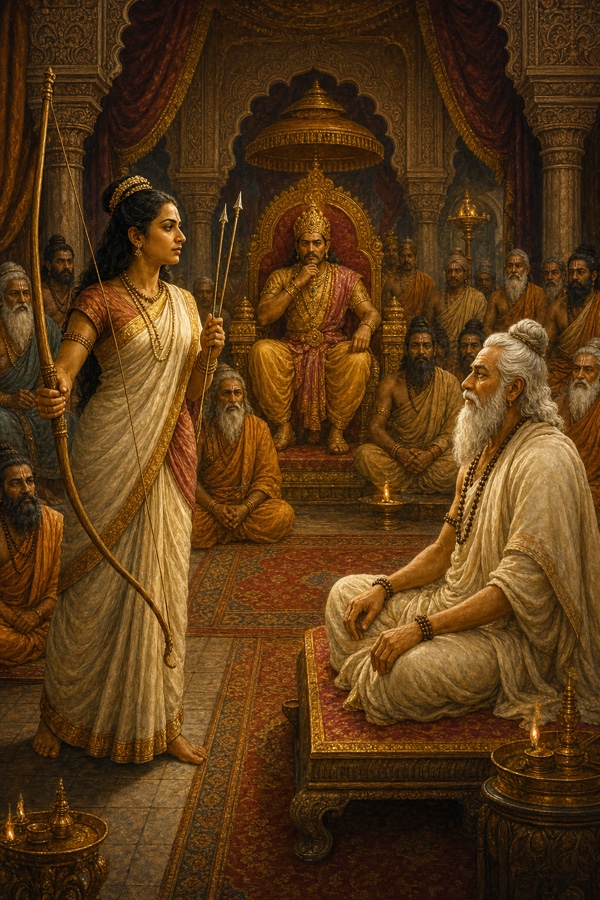 The woman-sage Gargi Vachaknavi standing boldly in Janaka's court like an archer with a strung bow and two sharp arrows poised, challenging the seated Yajnavalkya before the silent assembly, dramatic classical-Indian court painting.