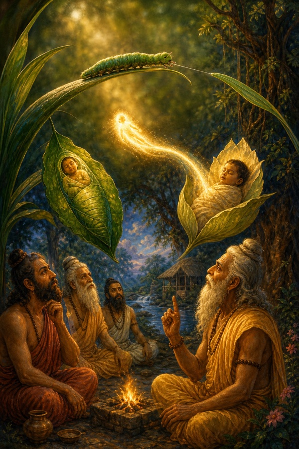 A green caterpillar at the very tip of a leaf, stretching its front body to grip the next blade before releasing the old, a glowing soul-light leaving one body for another beside it, delicate nature-symbolic classical illustration.