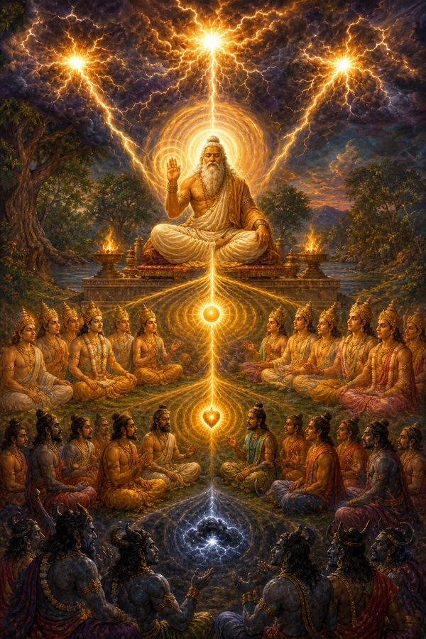 Creator Prajapati on his seat uttering the single syllable 'DA' to three rows of students (radiant gods, humans, dark asuras) who each hear a different teaching, storm clouds thundering 'da-da-da' overhead, vivid classical-Indian narrative panel.