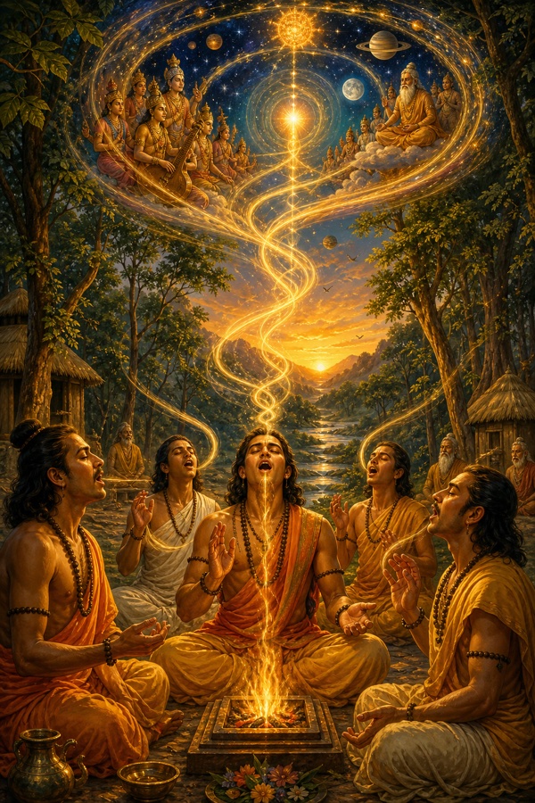 Robed Sama-Veda chanters in a dawn-lit forest gurukula raise the sacred syllable OM as the Udgitha, golden sound-waves rising from their open mouths to bind the cosmos in a luminous thread.