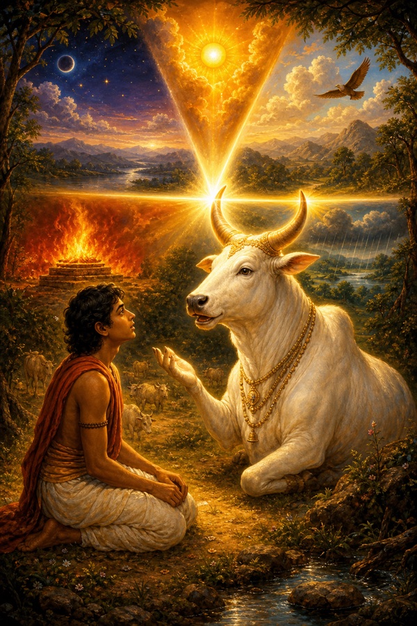 Young cowherd Satyakama Jabala kneeling in a wilderness clearing as a noble white bull speaks to him, the four glowing directions radiating from the bull's horns like a luminous quarter of Brahman.