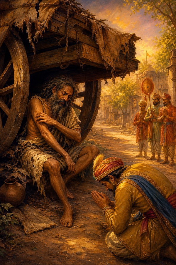 The sage Raikva, a ragged hermit scratching his skin, seated beneath his rickety cart in a deserted lane while the king's servant bows low before this hidden master.