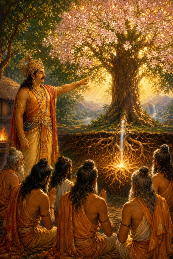 King Ashvapati Kaikeya before six bowing pandits points to a great tree being watered at its single root while the whole crown blossoms, illustrating that nourishing the root revives all.