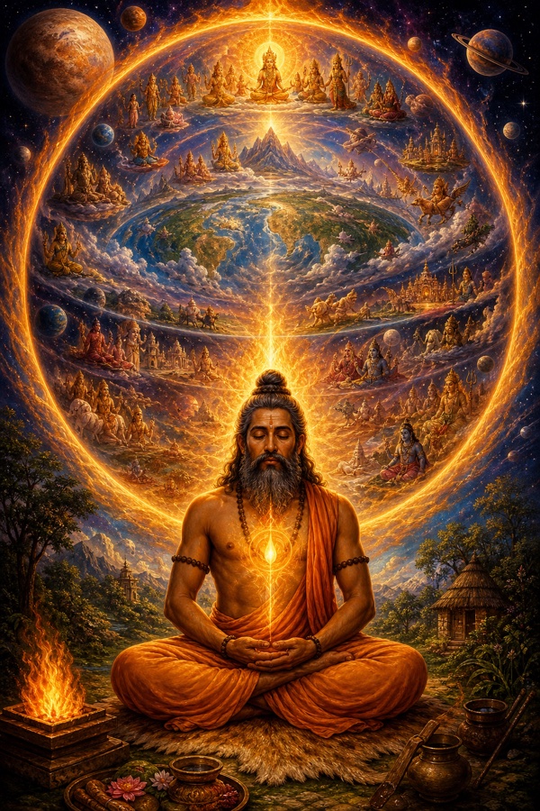 Sage Shandilya in deep meditation with a tiny radiant flame inside his glowing heart, that same flame simultaneously expanding to enclose earth, sky, and the fourteen worlds around him.