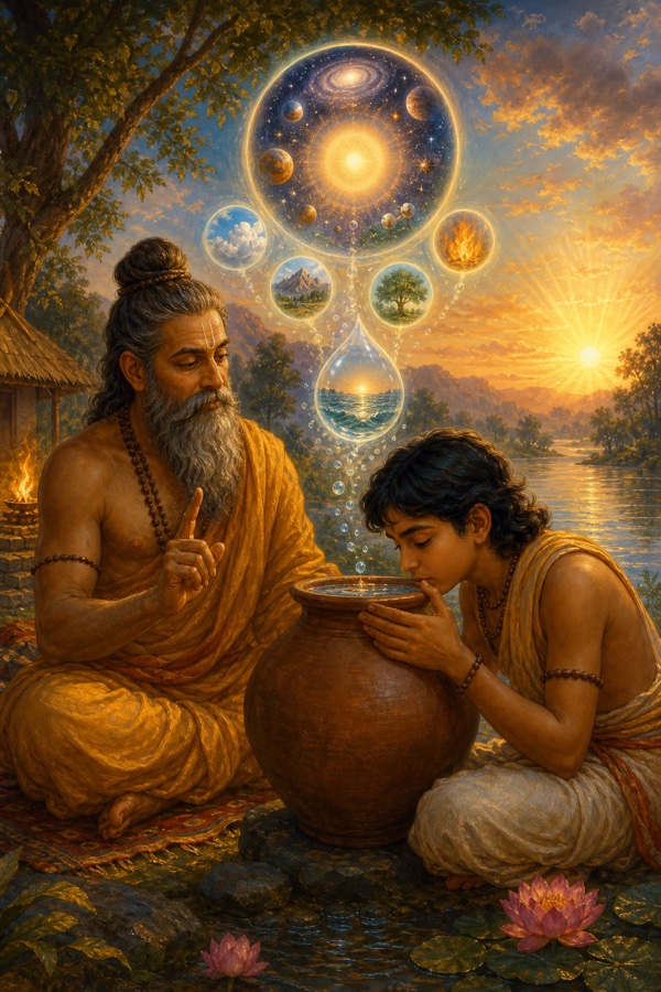 Father Uddalaka and son Shvetaketu at dawn beside a clay water-pot; the boy sips from the brim as the dissolved salt, invisible yet present in every drop, illustrates the all-pervading Sat.