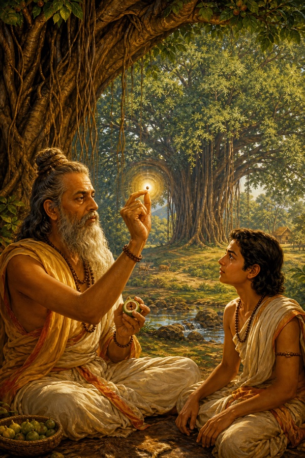 Uddalaka splitting open a nyagrodha (banyan) fruit before Shvetaketu, holding up the minute invisible seed-essence beside the towering banyan tree it gives rise to, teaching tat tvam asi.