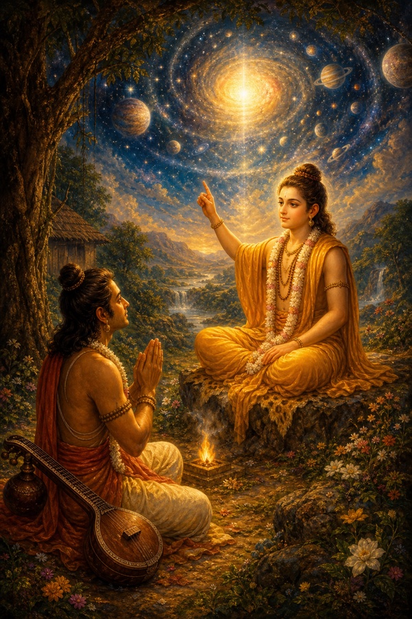 The celestial sage Narada, vina set aside, sitting humbly with folded hands before the radiant boy-master Sanatkumara, who points beyond all learning toward the infinite Bhuma.