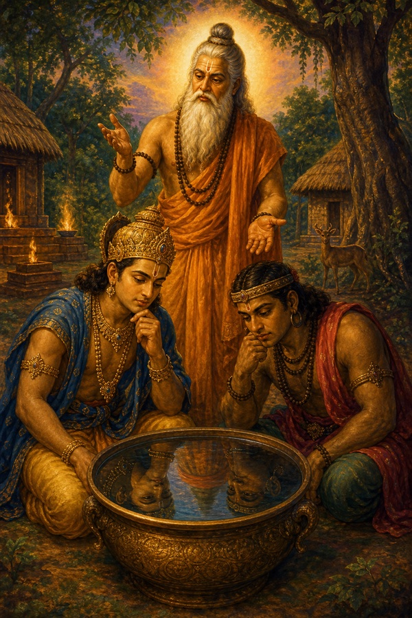 Creator Prajapati gesturing to Indra and the asura Virochana as they gaze at their own reflections in a brimming water vessel, mistaking the mirrored body for the true Self.