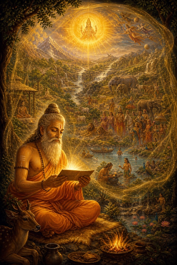 A luminous golden-hued sage seated in a forest hermitage holding open a single small palm-leaf manuscript glowing with light, while around him the vast manifest world (sun, rivers, beasts, people) is shown faintly veiled in a translucent shimmering film, illustrating Ishavasyam idam sarvam, that the whole world is enveloped by the Lord.