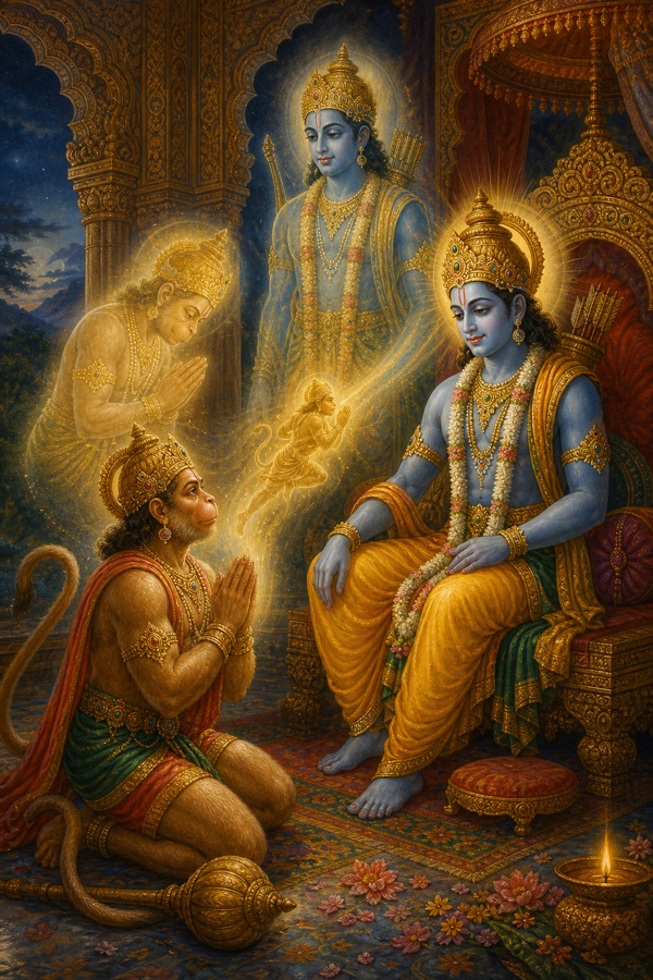 Hanuman kneeling with folded hands before a blue-skinned crowned Rama in a Mughal-miniature court, with three subtle translucent overlays of Hanuman radiating from him (a humble servant bowing, a small spark merging into Rama's body, and a figure identical to Rama himself), depicting the three levels of his answer 'as body your servant, as soul your part, as Self I am You.'