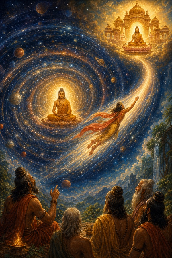 A serene radiant Self seated motionless at the center of a great spiral cosmos, while a streaking comet-like mind races outward toward a distant golden Brahmaloka, yet finds the same calm luminous Self already seated there waiting, illustrating the unmoving One that is swifter than the mind.