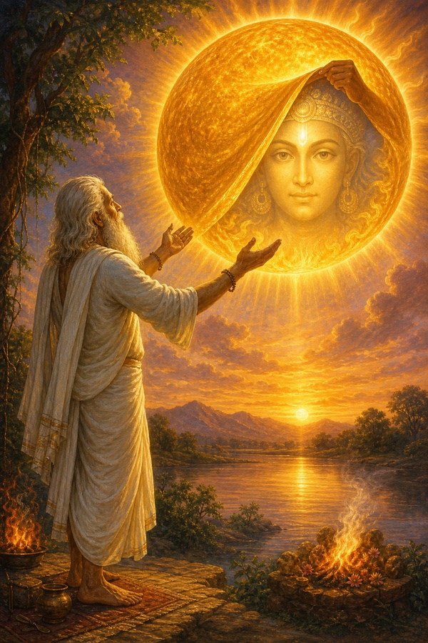 An aged white-clad seeker standing at dawn facing east with outstretched hands, gazing at a dazzling golden solar disc whose blinding sheet of gold light is being lifted aside like a lid to reveal a calm luminous purusha-face of Truth hidden behind it, the prayer to Pushan to remove the golden cover.