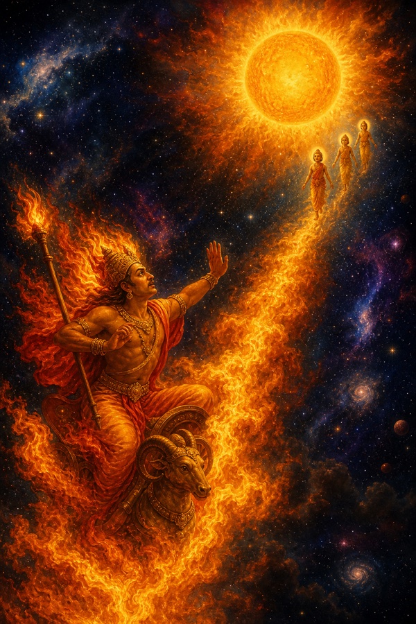 The fire-god Agni, a flame-bodied deity riding ascending columns of fire ever upward through star-filled cosmic space trying to measure the boundless creation, halted and turning back exhausted at the blazing orb of the sun, with the tiny sage-sons Sanaka and his brothers still drifting onward in the far dark heavens, showing the One that is farther than the farthest.