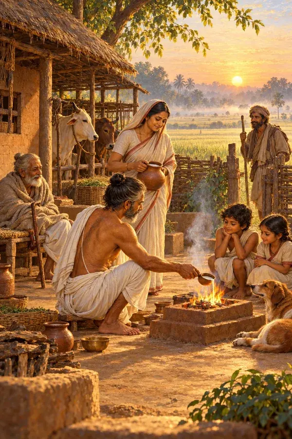 At dawn a householder pours milk into the household fire, his family near, cattle at the tether and a guest at the gate.