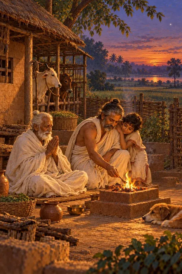 The householder, now very old, sits by the same fire at evening with joined palms as his son feeds the fire.