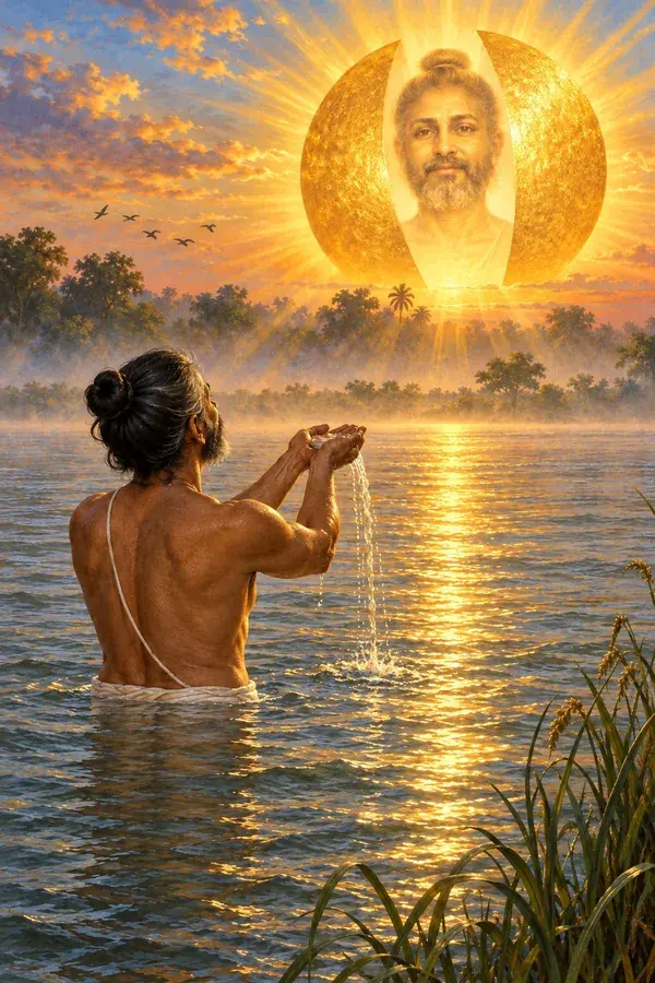 Waist-deep in a river at dawn, a seeker offers water to the sun, and the golden disc parts to show a calm, luminous face within.