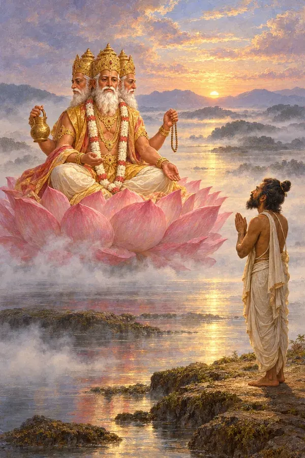 Ashvalayana stands with joined palms before Brahma on his lotus, asking only for the highest knowledge of brahman.