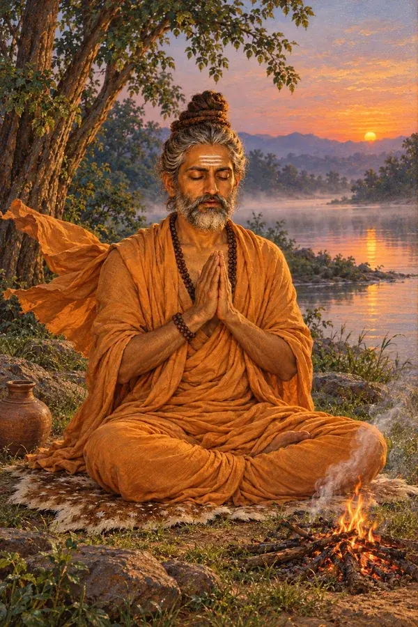 At dawn by a river an ashrami with the tripundra sits by a small fire, eyes closed, reciting the Shatarudriya.