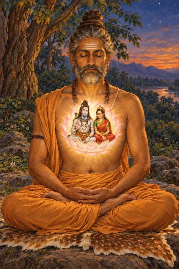 In the clear lotus of a seated muni's heart shines the form of Shiva at rest, three-eyed and blue-throated, Uma beside him.