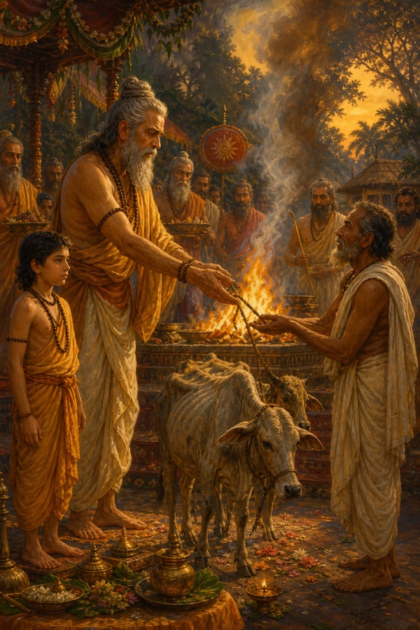 In a smoky Vedic yajnashala, the rishi Vajashravas hands away frail, dying cows at the Vishvajit sacrifice while his small son Naciketas watches gravely from beside the fire-altar.