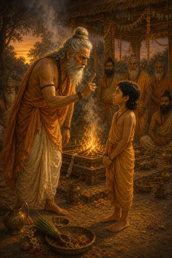 The angry father Vajashravas, finger raised, condemns the boy Naciketas with the words 'I give you to Death,' the child standing calm and unshaken before him.