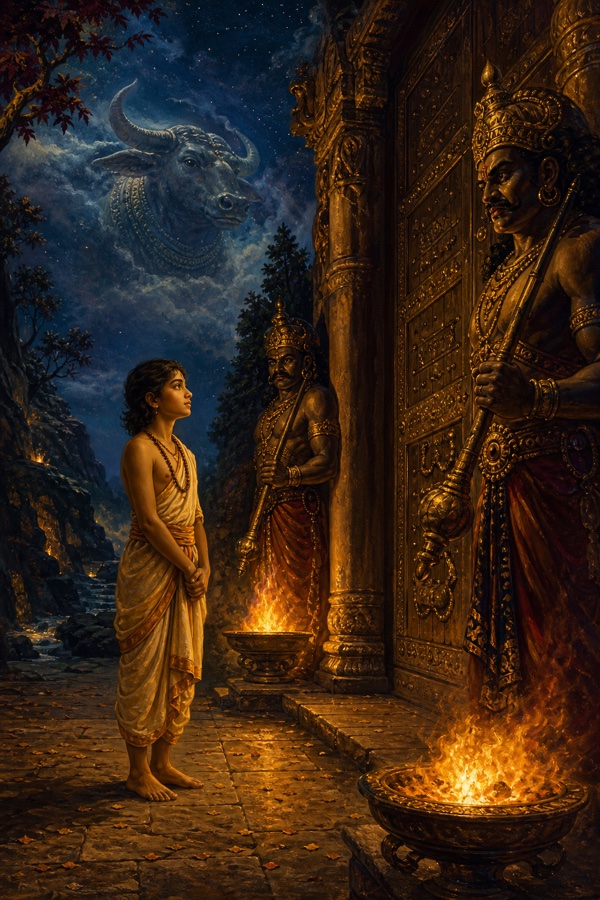 The boy Naciketas stands waiting through three nights, fasting and alone, at the great gate of Yama's abode in the realm of Death.