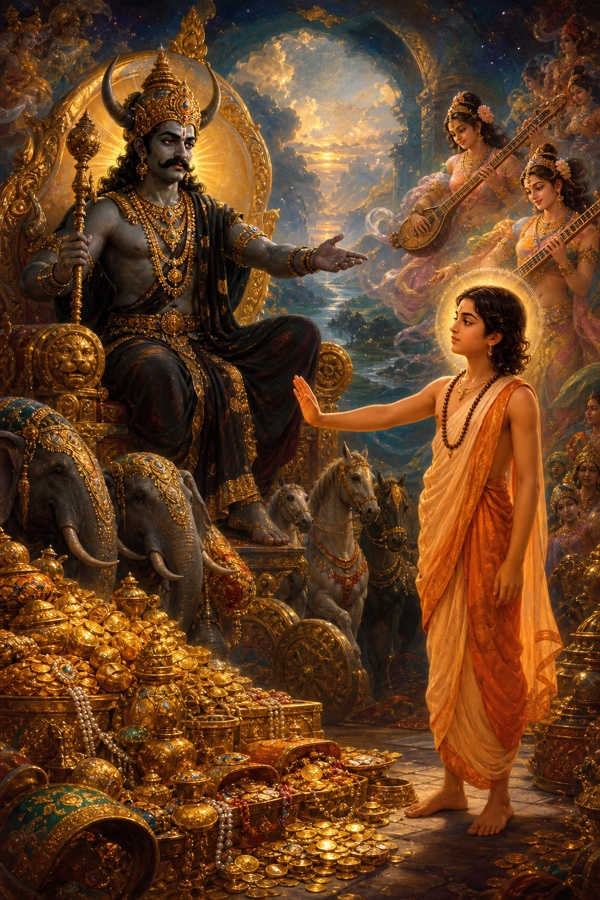 Enthroned Yama tempts Naciketas with heaps of gold, elephants, horses and celestial apsaras holding vinas and singing, while the boy serenely waves the riches away.