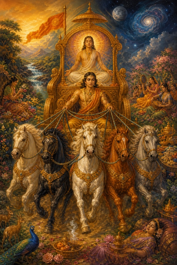 The chariot of the Self: the body as the chariot bearing the seated atman, buddhi as the charioteer, the mind as reins, and five horses (the senses) galloping along the roads of sense-objects.