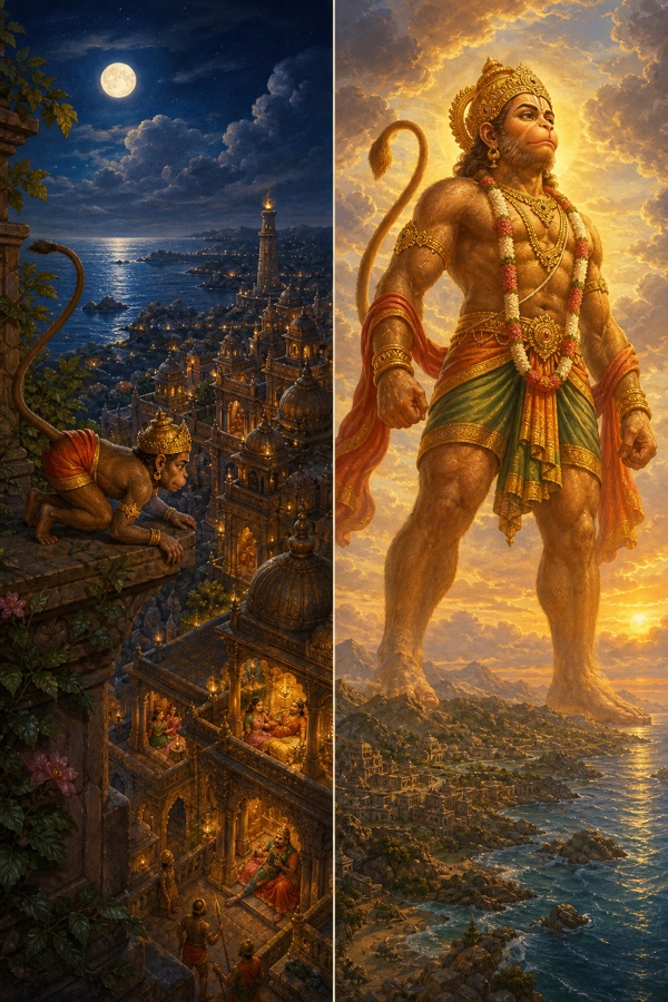 A double image of Hanuman scouting Ravana's palace in Lanka, shrunken cat-small in one half and towering to fill earth and sky in the other, illustrating the thumb-sized Self that is vaster than space.