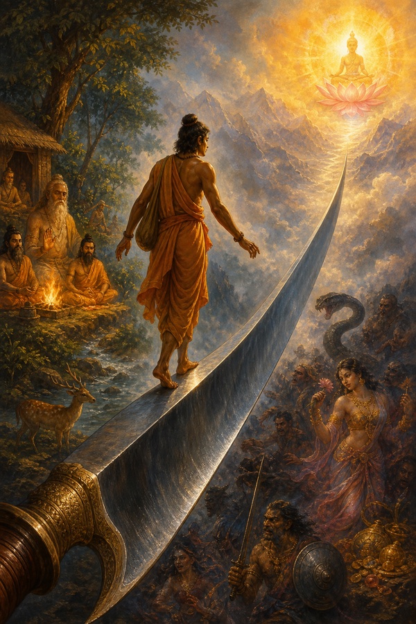 A lone seeker treading barefoot along the gleaming upturned edge of a giant razor stretching into mist, the perilous and near-invisible path to the immortal Self.