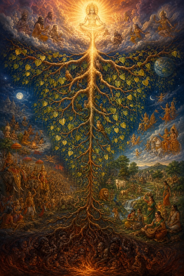 The cosmic inverted ashvattha (peepal) tree with its single radiant root reaching up into Brahman and its leaf-laden branches spreading downward into the visible world.