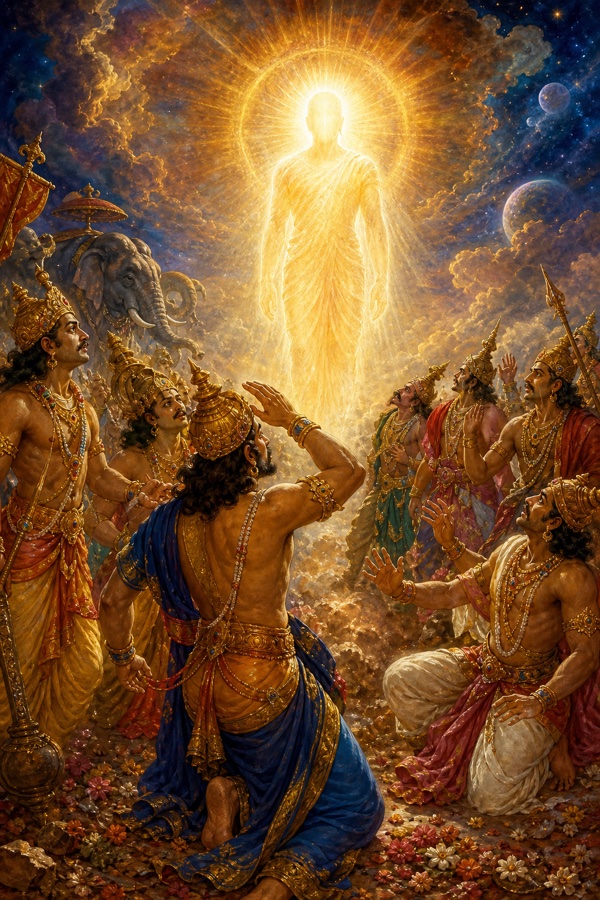 On the celestial horizon a luminous, faceless Yaksha figure materializes above the assembly of victorious devas, who recoil in wonder; radiant aureole, classical Indian painting style.