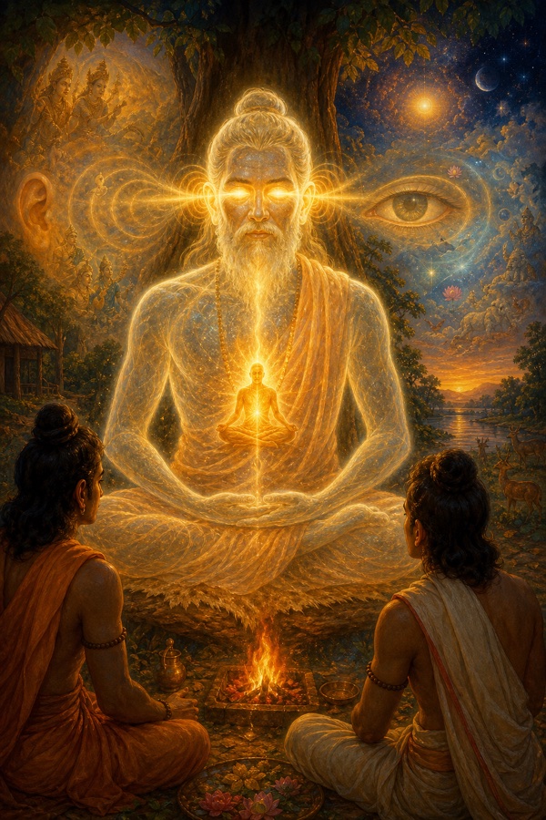 A seated sage in meditation rendered as a translucent body of light, with a glowing inner witness-flame behind the eyes and ears, depicting the 'ear of the ear, eye of the eye' consciousness.