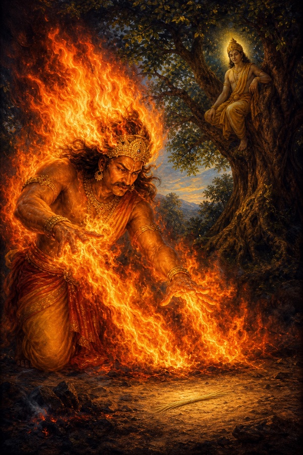 Agni the fire-god, blazing and straining with full force over a single small straw on the ground that remains untouched and unburnt, the mysterious Yaksha watching from the tree.