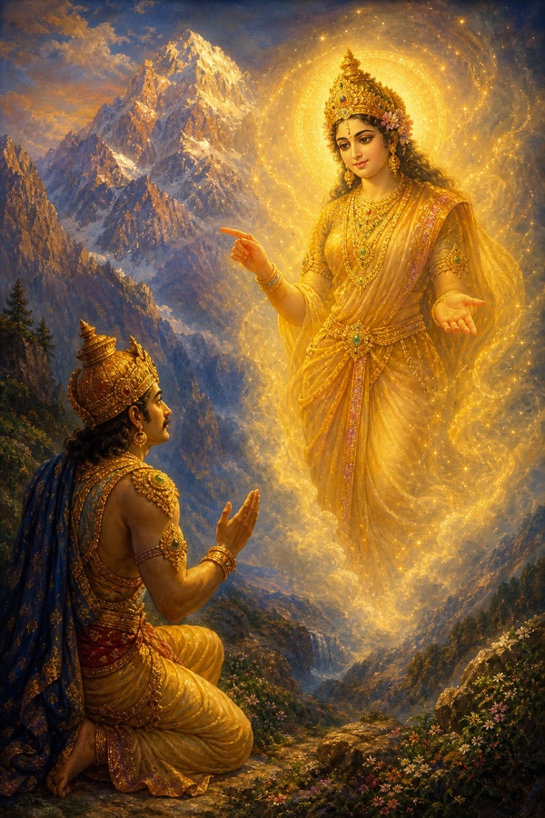 The golden radiant goddess Uma Haimavati appearing in the empty space before a humbled, listening Indra, revealing with a gesture that the vanished Yaksha was Brahman; Himalayan backdrop.