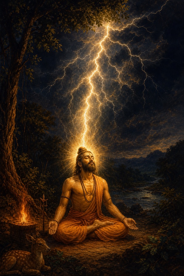 A single brilliant lightning flash splitting a deep-dark night sky, illuminating a solitary meditating seeker for one instant, evoking the fleeting glimpse of Brahman within.