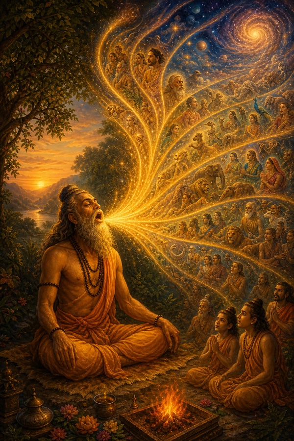 A meditating sage at dawn, mouth open in chant, the sacred syllable AUM blazing from his throat as golden sound-waves that fan out and gather every letter and tongue of creation back into one luminous cosmic vibration.