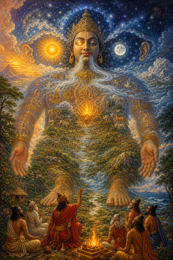 The vast Virat Purusha (Vaishvanara) as a single cosmic being filling the sky: starry heavens forming his head, sun and moon his two eyes, the four directions his ears, the winds his breath, the earth his feet.