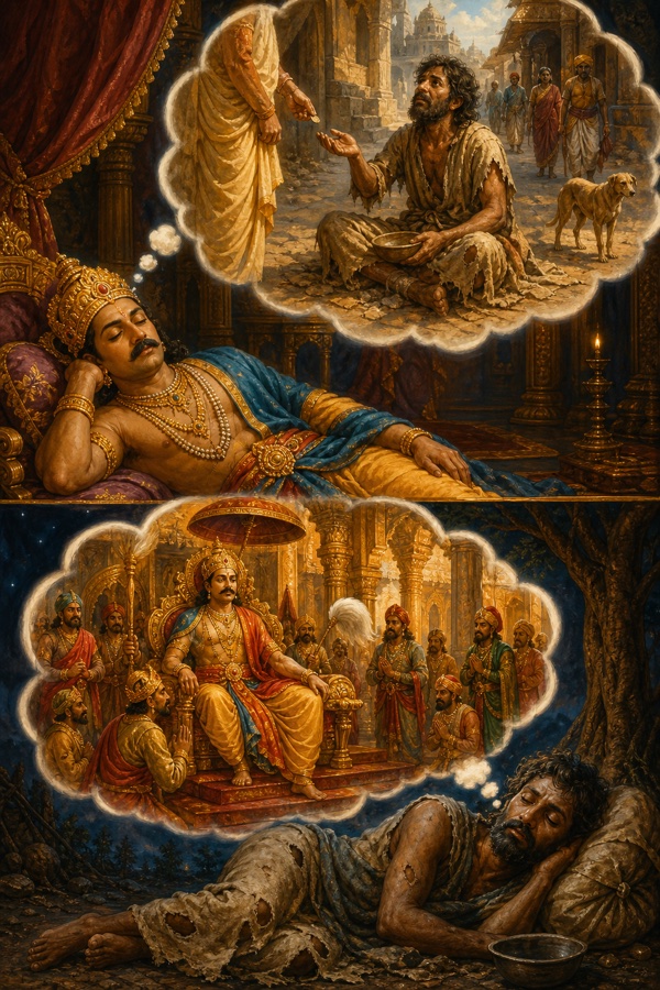 A split dream-tableau: a crowned king asleep on his throne dreaming himself a ragged beggar on the road, while a sleeping beggar in rags dreams himself a king in a jeweled court, the two reveries mirrored.