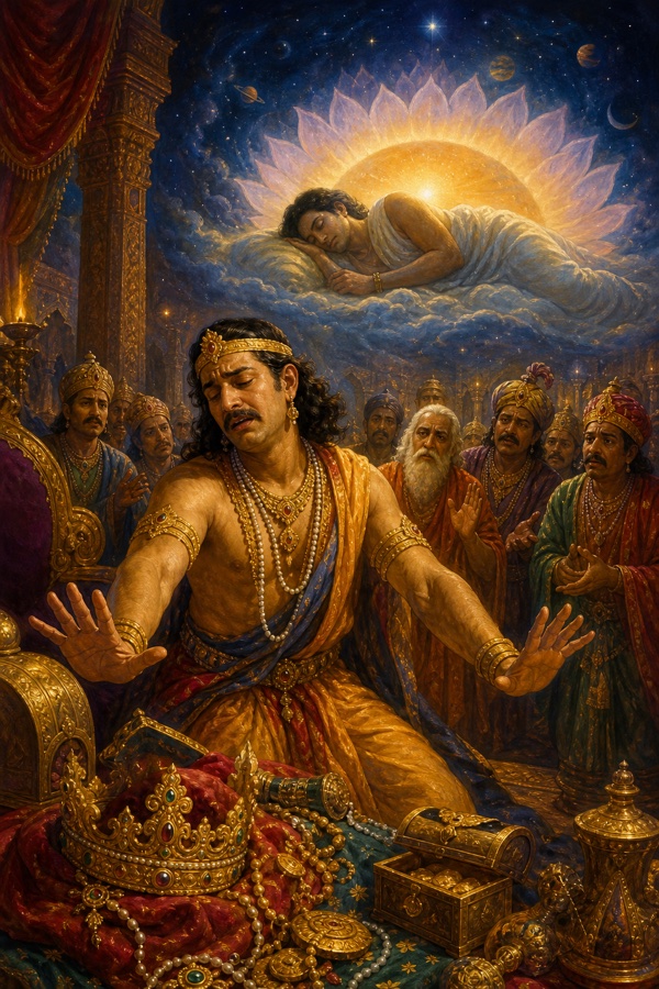 A weary sleepless emperor pushing away his crown, treasure and kingdom with both hands, begging his courtiers only to let him sleep, the dark blissful peace of dreamless deep-sleep (sushupti) glowing behind him as the one reward he craves.