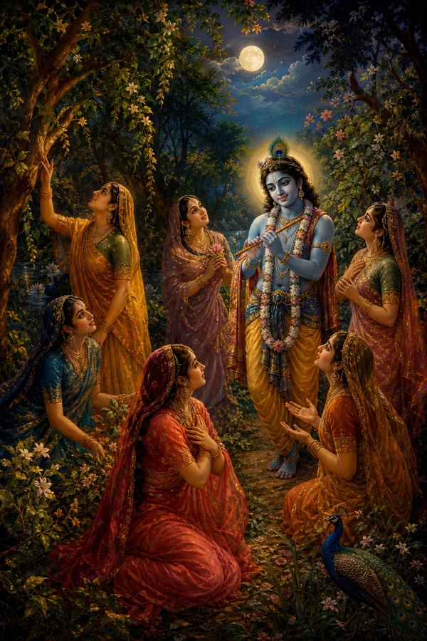 The gopis wandering through a moonlit Vrindavan grove, beseeching every tree and creeping vine for word of Krishna, until, their seeking ego spent, blue-hued Krishna himself appears smiling amid them, the Self revealing itself once the search falls silent.