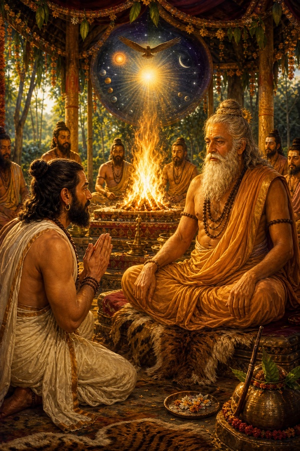 In the great sacrificial pavilion of Naimisharanya, the householder-sage Shaunaka bows with folded hands before the seated rishi Angiras, the blazing homa fire and chanting priests behind them, asking the one question that knows all.
