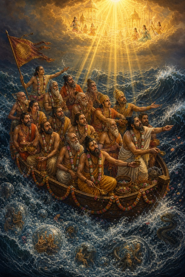 A frail garlanded boat crowded with eighteen ritual priests and patrons tossing on a stormy ocean of samsara, sun-rays reaching down toward a distant heaven while the waves bubble up like bursting froth beneath the hull.