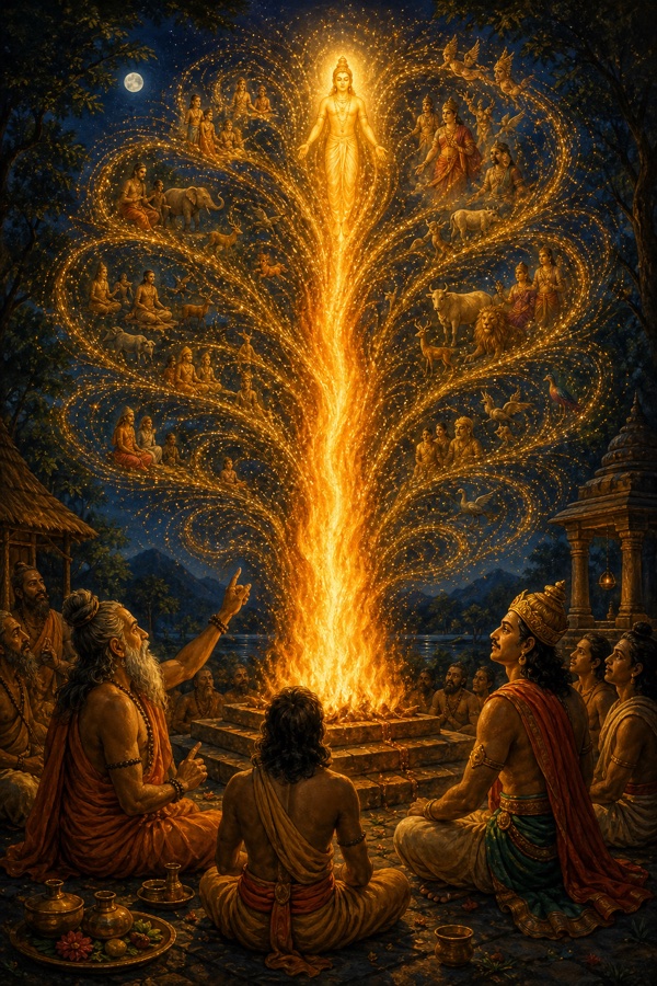 A single tall blazing fire in a dark courtyard at night, countless golden sparks streaming outward in all directions and curving back to dissolve into the same flame, symbolizing all beings born from and returning to the imperishable Purusha.