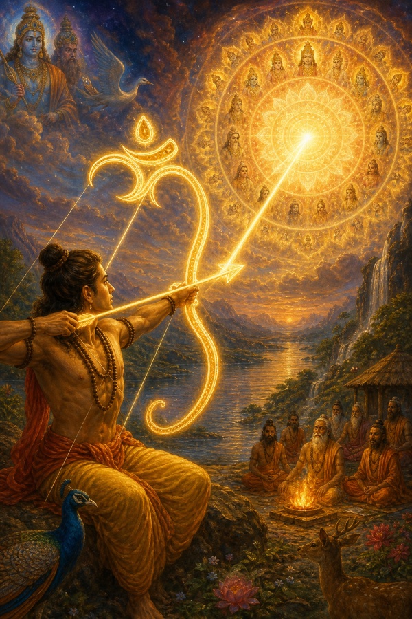 A serene meditating seeker drawing a luminous bow shaped from the sacred syllable OM, the arrow of the Atman aglow at full draw, aimed at a radiant target-mandala of Brahman dissolving into light.