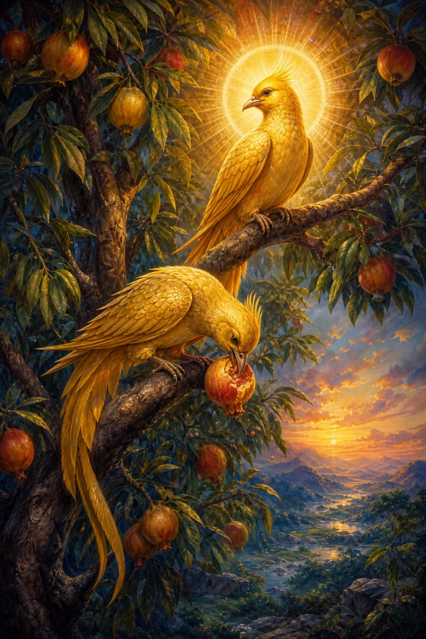 Two identical golden birds perched on one branch of a fruit-laden tree: the lower bird pecking a ripe fruit with bowed sorrowful head, the upper bird sitting calm and luminous, simply watching, light radiating around it.
