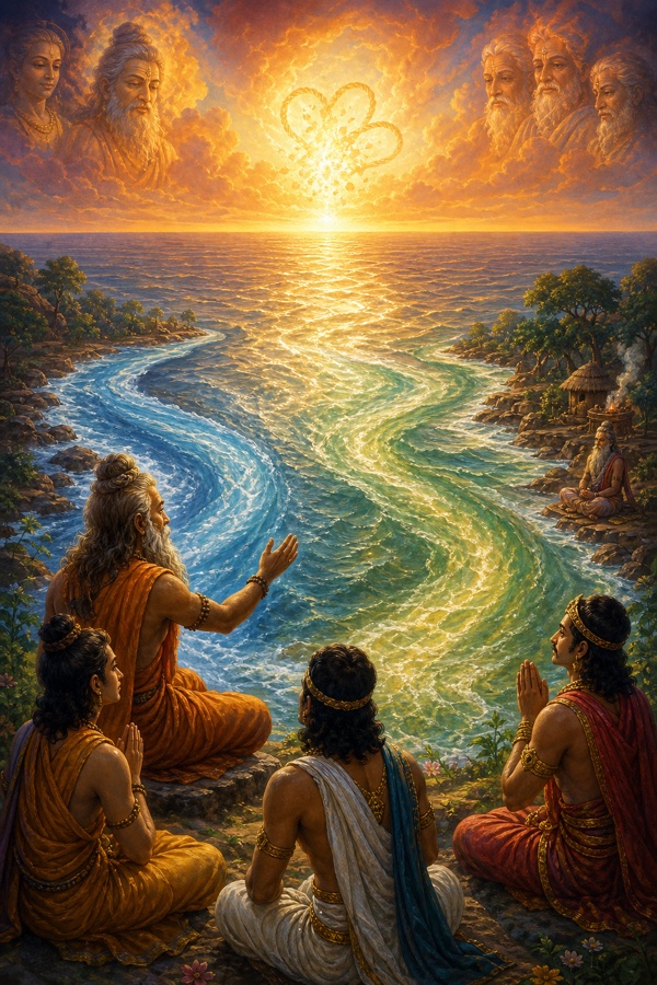 Wide rivers Ganga and Yamuna flowing into a vast luminous ocean and losing their names and separate forms, their waters merging into one boundless sea under a glowing sky, with the heart-knot dissolving as light upon the horizon.